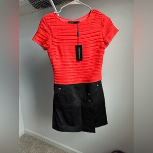 NWT Karen Millen Red Ribbed Short-Sleeve Top with Black Skirt
